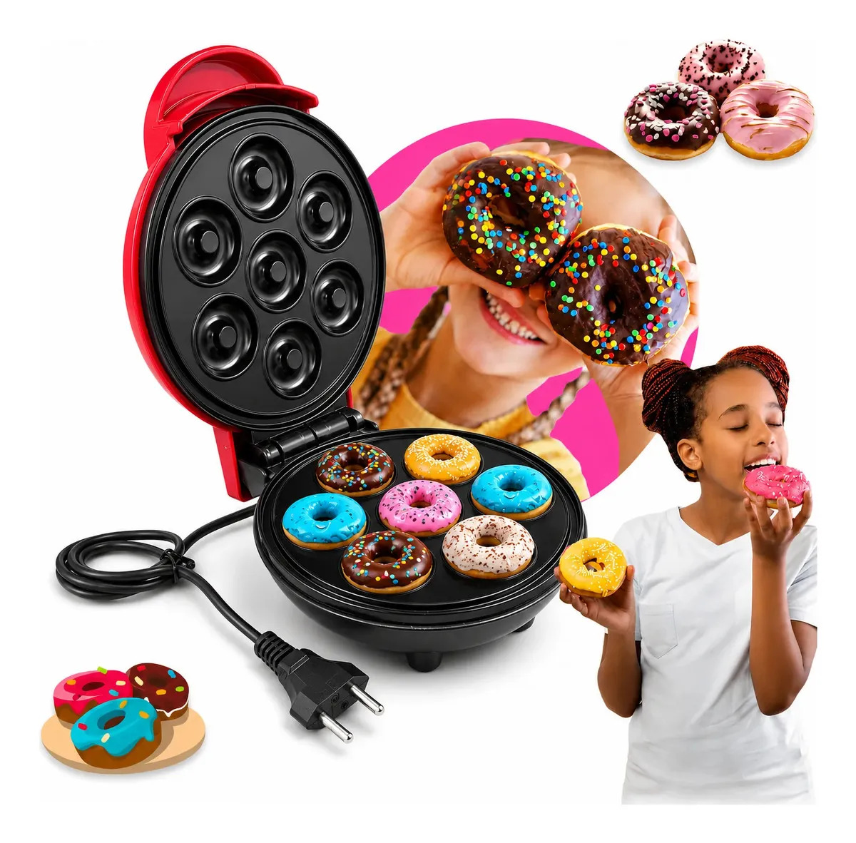 Maquina De Fazer Donuts Antiaderente Mini Maquina De Donuts 12mm Cavidade Eletrica, Forma De Assar Donuts Waffles Eletrica, Maquina De Fazer Bolacha Uso Domestico Cafe Lanches