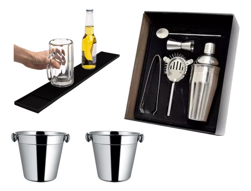 Kit Bartender Barman Coctelera Acero Tragos Rejilla Hielera