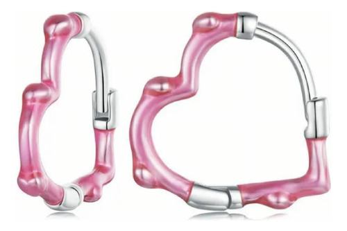 Aros Diseño Corazón Rosa, Plata De Ley 925.