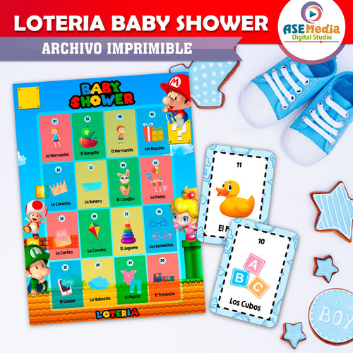 Lotería Baby Shower Mario Bros 100 Tablas Imprimibles Juegos