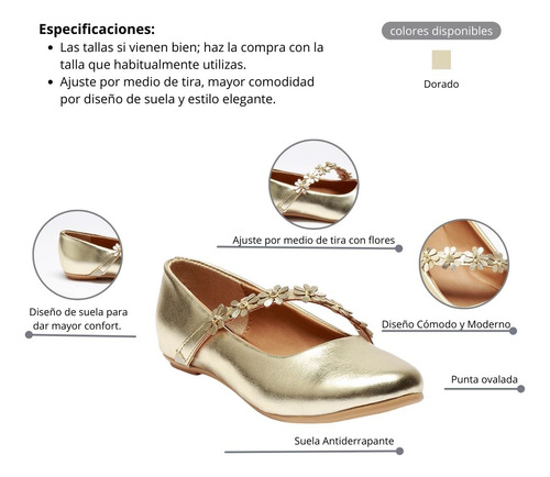 Zapato Balerina Oro Moda Casual Para Niña Flores Fareli