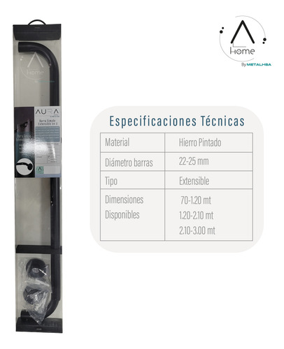 Set Extensible Simple Curvo De 210 A 300 Cm Y 22/25 Mm Negro