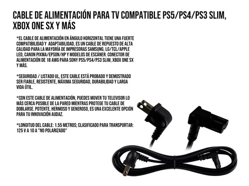 Imagen 5 de 10 de Cable Alimentación 1.55 Metros Smart Tv Ps4 Ps5 Xbox One