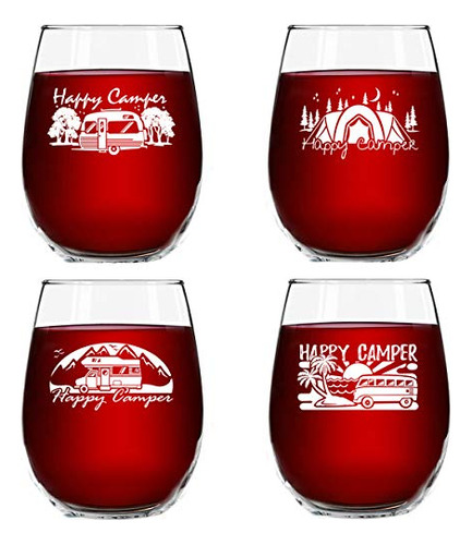 Juego De 4 Copas De Vino Happy Camper (15 Oz) | Lindo Regalo