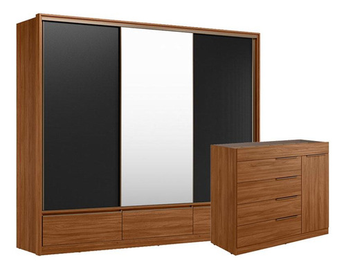 Cômoda Lume E Guarda Roupa Casal Lounge Nogueira Preto Flex