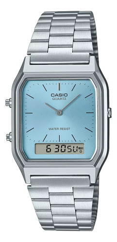 Relógio Casio vintage AQ230a AQ-230a Analógico Digital Wr Silver Mesh Silver Mesh Silver Bezel Fundo Azul Claro