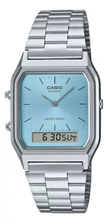 Relógio Casio vintage AQ230a AQ-230a Analógico Digital Wr Silver Mesh Silver Mesh Silver Bezel Fundo Azul Claro