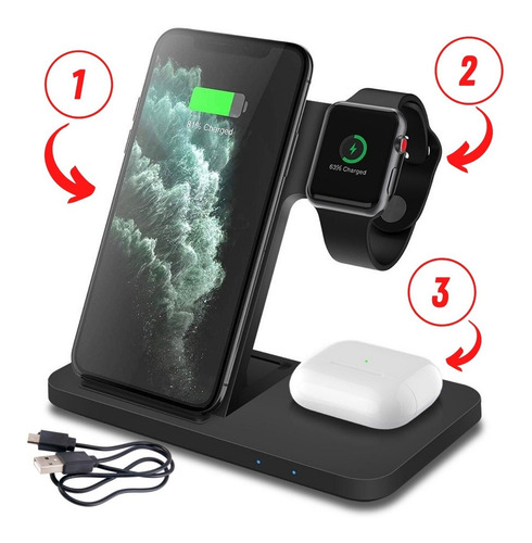Imagem 1 de 6 de Base De Carregamento Indução 3 Em 1 Para iPhone Watch Airpod
