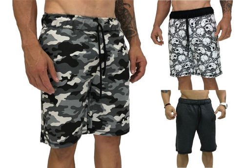 Kit 3 Bermudas Masculinas Moleton  Camuflada Floral Treino