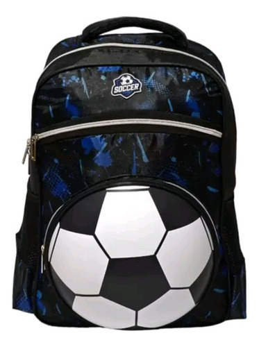 Mochila Infantil Escolar Passeio Menino Estampa Bola Futebol Cor Preto Com Azul Desenho Do Tecido Mochila Em Foma De Futebol