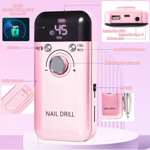 Pulidor De Uñas Profesional Portátil Con Pantalla Digital Rosa