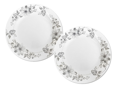 Jogo 2 Prato Raso Vidro Branco Flores Cinza 26cm Em Casa Tem