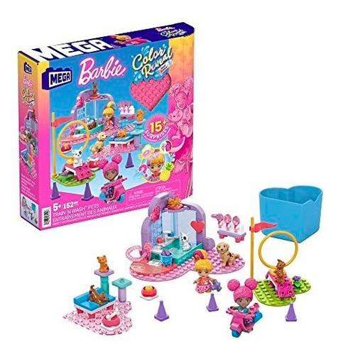Mega Barbie Color Reveal Building Toys, Train 'n Wash Pets C