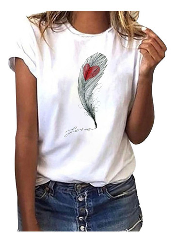 Camiseta De Manga Corta Con Estampado De Plumas Para Mujer,