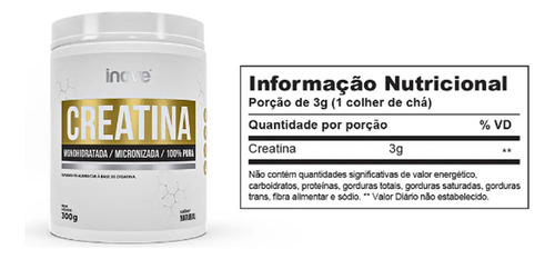 Creatina Monohidratada Micronizada 100% Pura 300g Inove Sabor Sem sabor