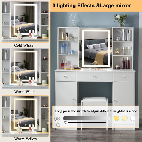 Tocador Grande Moderno Con Led Espejo 5 Cajones Y Taburete