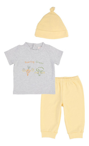 Conjunto Pantalón Y Playera Con Gorro De Bebé Mondo Bambino Gris - Amarillo 12 M