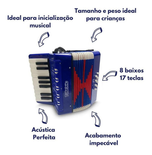 Imagem 2 de 5 de Mini Acordeon Infantil Sanfona Com 8 Baixos Turbinho Azul