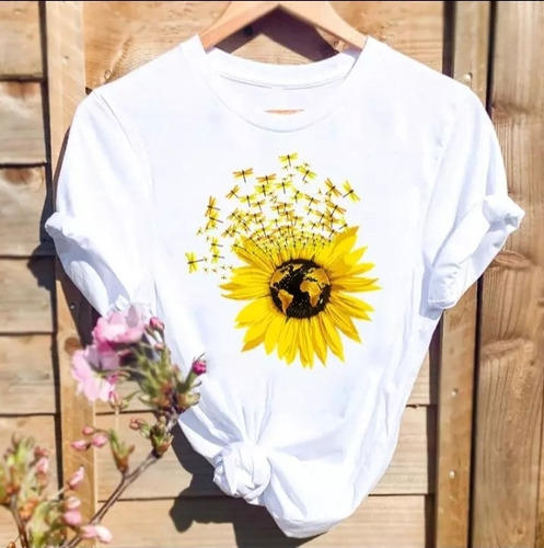 Polera De Verano Diseño Girasol, Material Algodón Y Polieste