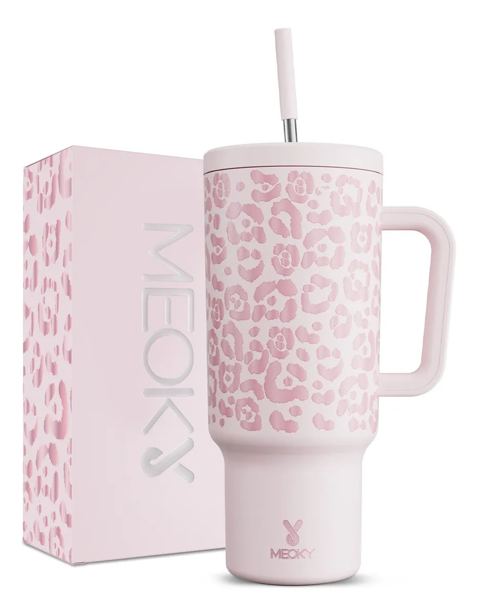 Meoky Vaso Térmico Acero Inoxidable Con Paja Calor/frí 40oz color leopardo rosa