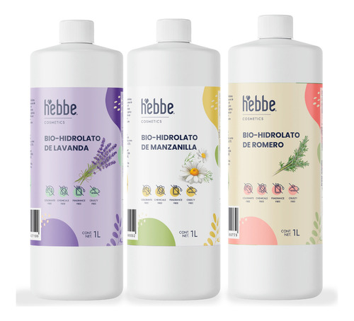 Hebbe Cosmetics kit 1L c/u hidrolatos de manzanilla, lavanda y rosas