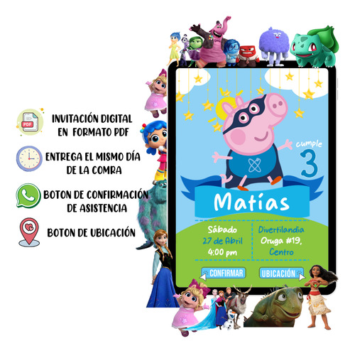 Invitación Digital Infantil Pdf Botón Confirmación Ubicación George Pig