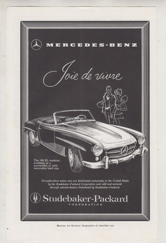 1958 Publicidad Vintage De Automovil Mercedes Benz 190 Sl 