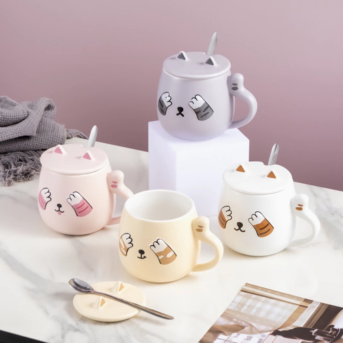N Taza Para Café Kawaii Gato Con Tapa Cuchara Peek A Boo