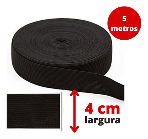 Elástico 40mm Preto Confecção Chato Larg. 4cm - 5 Metros Desenho Do Tecido Liso