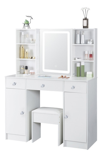 Tocador Grande Moderno Con Led Espejo 5 Cajones Y Taburete
