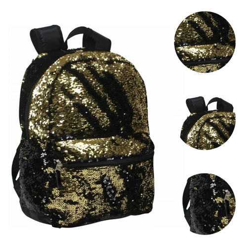 Mochila Juvenil Shine Paete Colors Desenho do tecido Dourado/Preto