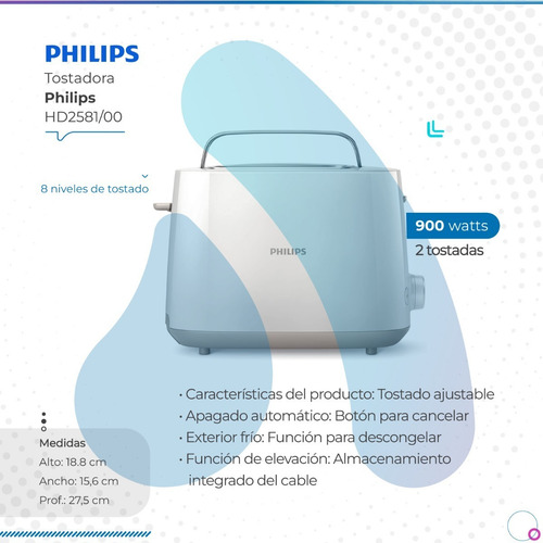 Imagen 2 de 10 de Tostadora Philips 900w 8 Niveles Hd2581/00