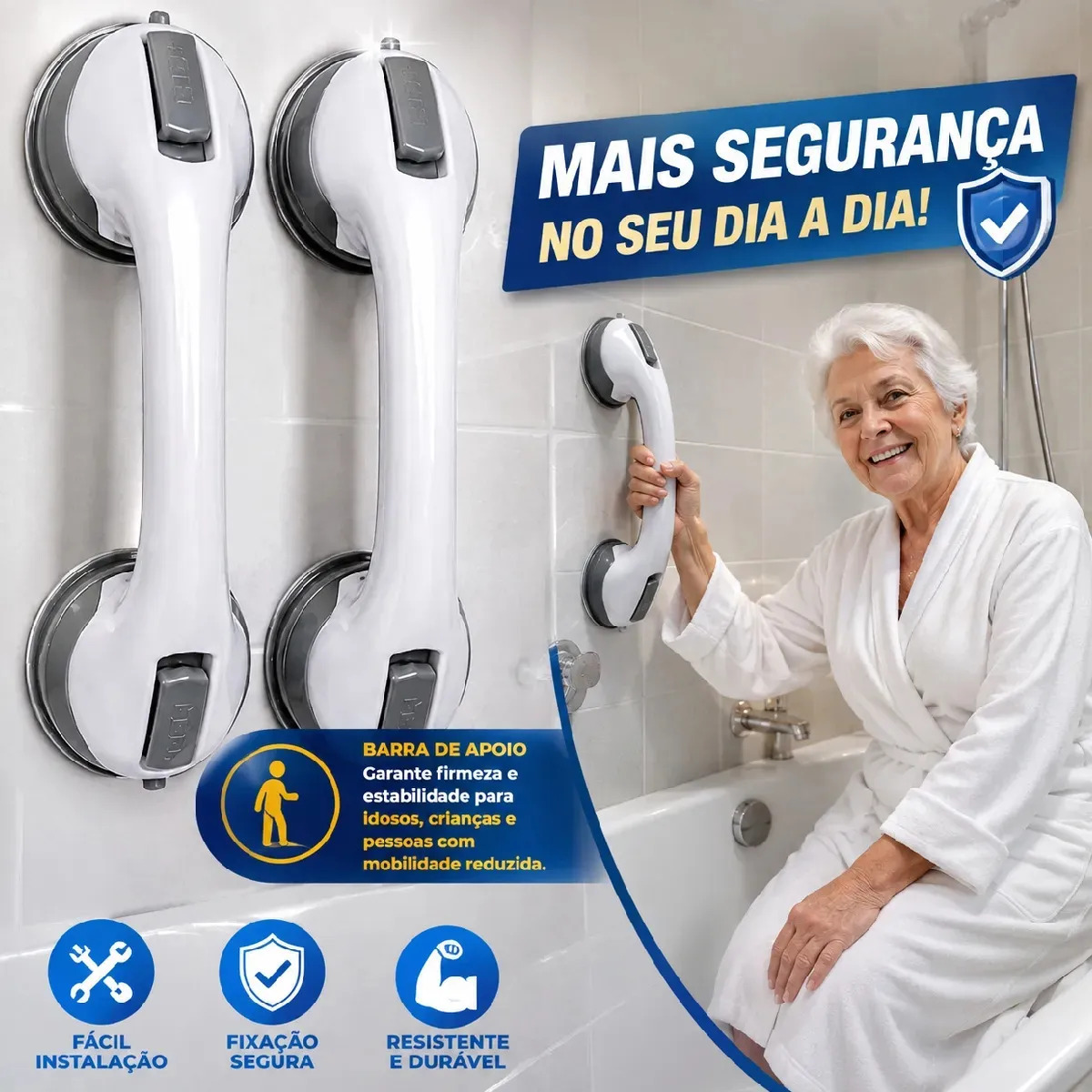 Kit 2 Barras de Apoio Ventosa Para Banheiro Superfície Antiderrapante Portátil Para Idosos Segurança Fixa Hxrd