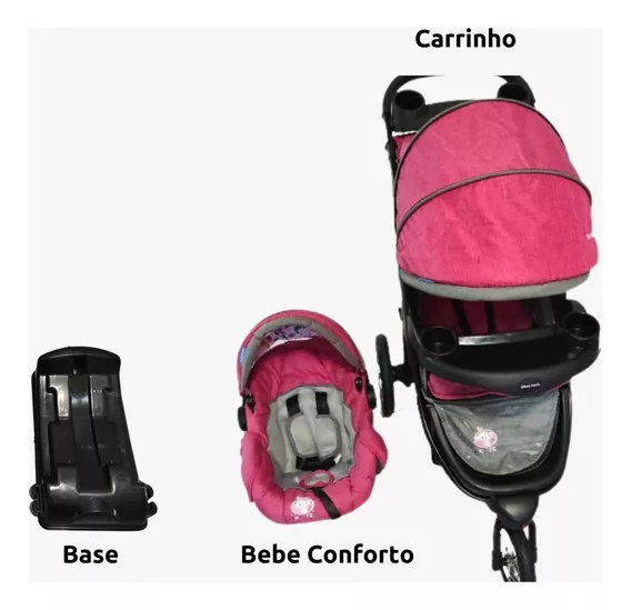 Carrinho De Bebe Rosa 03 Rodas  + Bb Conforto+base