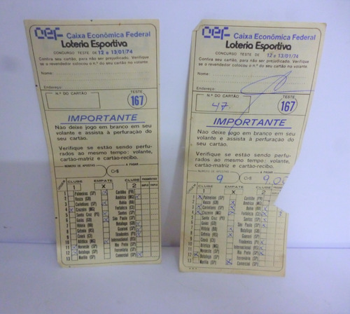 Lote Com 2 Volantes De Loteria Esportiva Teste 167  1974