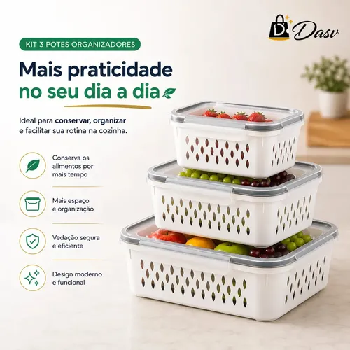 Conjunto Kit 3 Organizadores Geladeira Hermético Escorredor Cesto Alimentos Legumes Verduras Frutas Transparente Com Tampa Trava