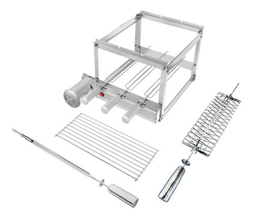 Gira Grill Churrasqueira Inox 3 Espetos + 2 Grelhas + Brinde