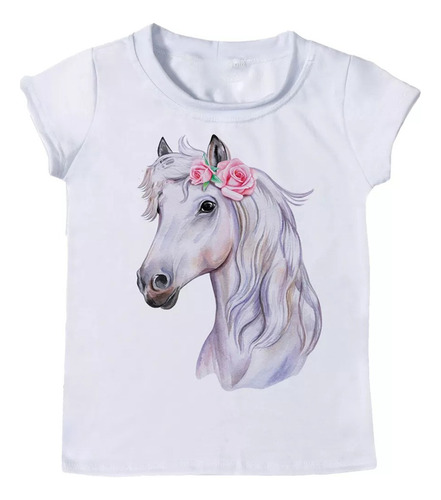 Blusa Feminina Infantil Cavalo Rosas Branco Estampa Country