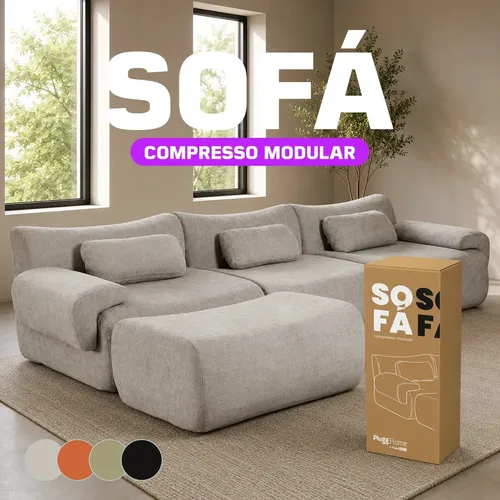 Sofá Compresso Modular 3 Lugares na Caixa 2,74m com Puff de Apoio