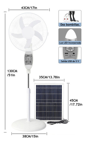16'' Ventilador Solar Recargable Silencioso Y Control Remoto Con 5 Palas De Plástico Color Blanco Estructura Color Blanco, 42cm De Diámetro 127v