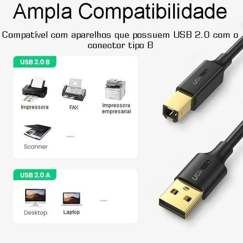 Cabo De Impressora Ugreen Usb 2.0 Xusb Tipo-b Printter 1 M Cor Preto