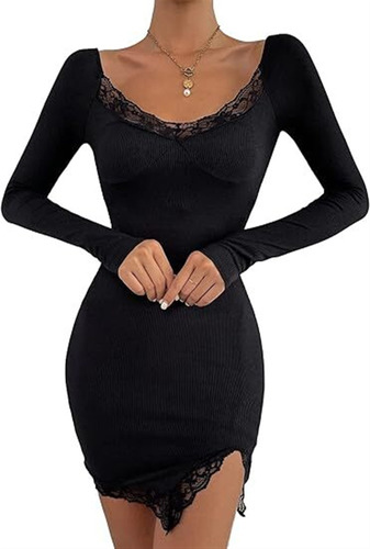 Vestido Sexy Anga Larga Cuello De Corazón Encaje Para