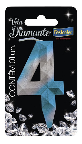Número 4 - Vela Diamante Azul E Prateada Para Bolo E Festa