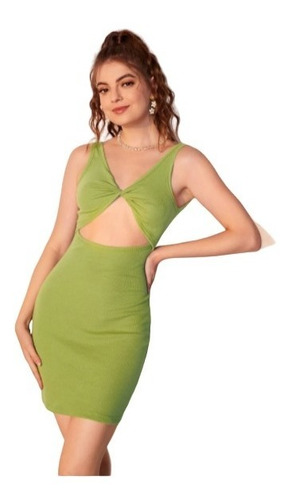 Vestido Verde Cut-out Sexy Escote V