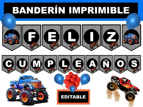 Banderín Imprimible Monster Truck Editable +  