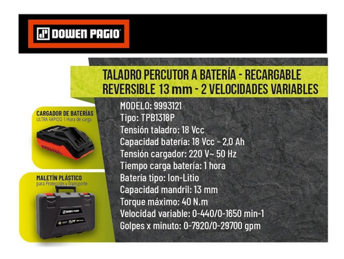 Imagen 4 de 9 de Taladro percutor atornillador inalámbrico de 13mm Dowen Pagio TPB1318P 18V + accesorios con maletín de transporte 220V 50Hz
