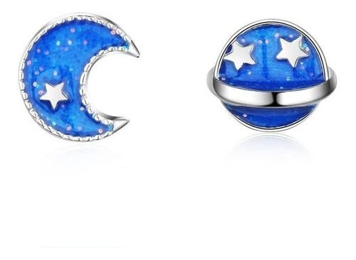 Aros De Luna Y Planeta Azul Baño Plata / Todojoyas