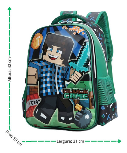 Mochila De Costa Escolar Menino Tamanho Grande Block Game Cor Verde