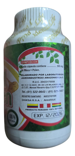 Maca Y Polen Natural 100 Cápsulas Sin Sabor