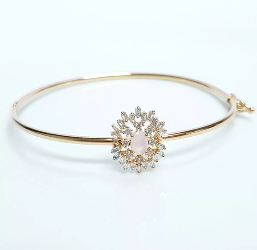 Pulseira Bracelete Feminino Gota Zircônia Rosa Banhado Ouro